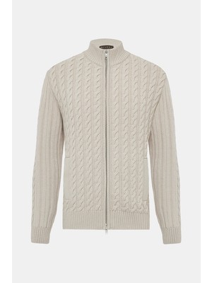 Vakko Stand Collar Cable Knit Patterned Zip-Up Cardigan