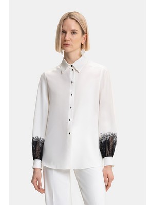 Vakko Ecru Long Sleeve Silk Shirt