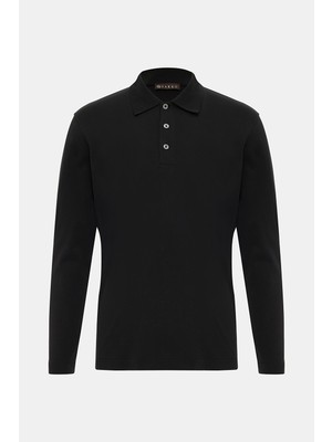 Vakko Black Buttoned Polo Collar Long Sleeve T-Shirt