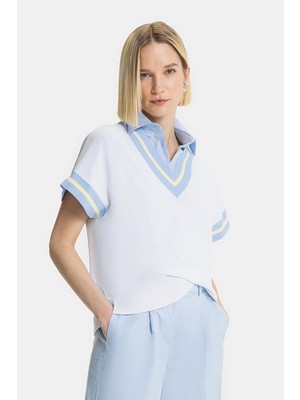 Vakko White-Blue V-Neck Knit Sweater