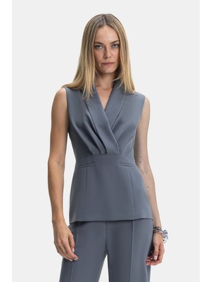 Vakko Grey Crossover Neck Blouse