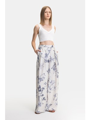 Vakko Natural Floral Pattern Wide-Leg Trousers