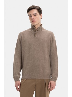 Vakko Buttoned Stand Collar Knit Sweater