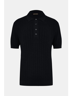 Vakko Black Buttoned Polo Collar Short Sleeve Knit T-Shirt