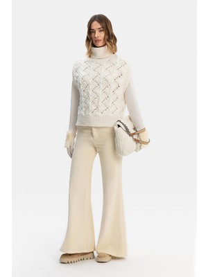 Vakko Ecru Textured Wide-Leg Trousers
