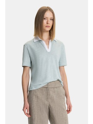 Vakko Mint Polo Collar Linen T-Shirt