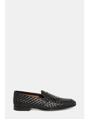 Santoni Santonı Black Double Buckle Woven Leather Loafers