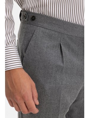 Vakko Grey Melange Pleated Flannel Trousers