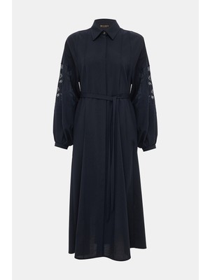 Vakko Navy Embroidered Midi Dress