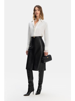Vakko Black Leather Midi Skirt