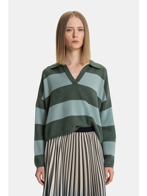 Vakko Green Striped Knit Sweater