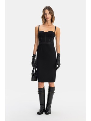 Vakko Black Strappy Midi Dress