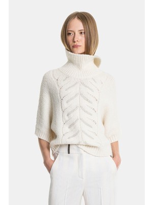 Vakko By Peserıco Ecru High Neck Knit Sweater
