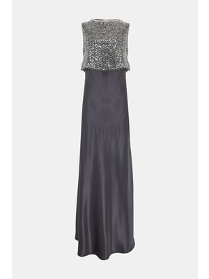 Vakko Anthracite Sequined Long Dress