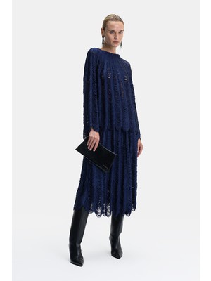Vakko By Pe De Chumbo Navy Drawstring Midi Skirt