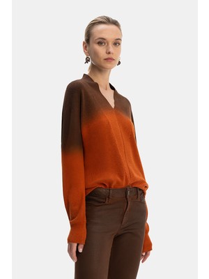 Vakko Brown Gradient V-Neck Knitwear