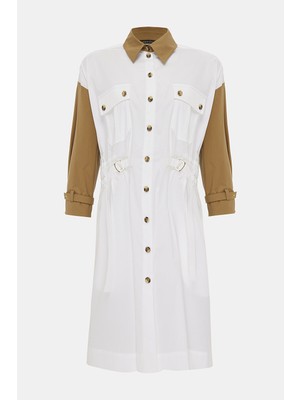 Vakko White-Tan Shirt Dress