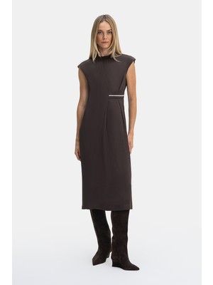 Vakko By Peserıco Brown Drop Shoulder Midi Dress