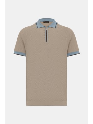 Vakko Beige Zippered Polo Collar Short Sleeve Knit T-Shirt
