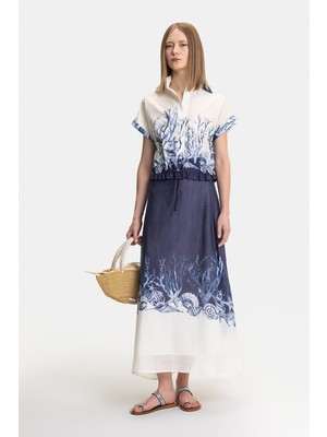 Vakko Blue-White Patterned Ramie Skirt