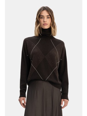 Vakko By Peserıco Dark Brown Mock Neck Knit Sweater
