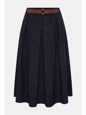 Vakko Navy Pleated Denim Skirt