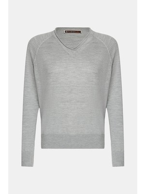 Vakko Grey Wool-Silk Knit Sweater