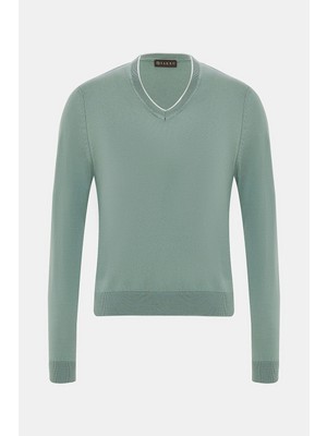Vakko Mint V-Neck Knit Sweater