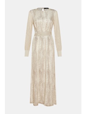 Vakko Ecru Belted Long Dress