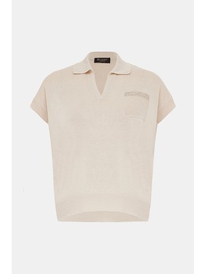 Vakko By Peserıco Beige Polo Collar Knit Sweater