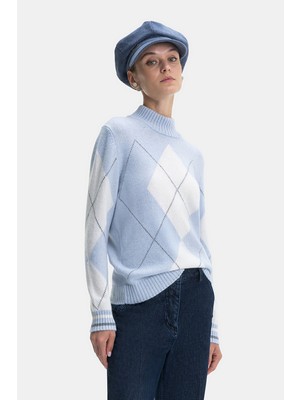 Vakko Blue Cashmere Diamond Pattern Knit Sweater