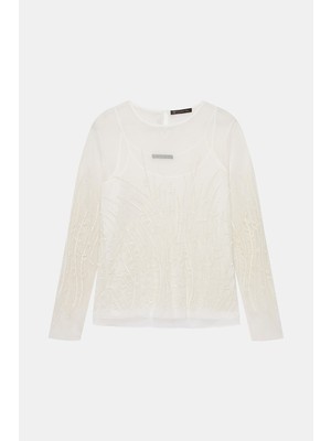 Vakko White Crew Neck Long Sleeve Blouse