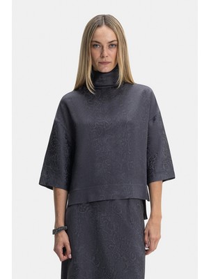 Vakko Grey Stand Collar Three-Quarter Sleeve Blouse