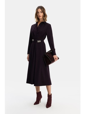 Vakko Burgundy Long Sleeve Midi Dress