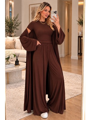 Meride Fashion Kahve Salaş Üçlü Pamuk TAKIM-00190 Kahverengi - M