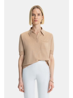 Vakko Camel Polo Collar Knit Sweater