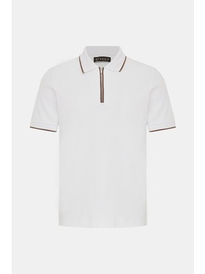 Vakko White Zippered Polo Collar Short Sleeve T-Shirt