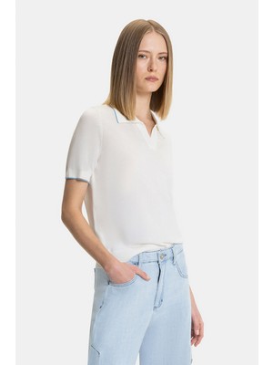 Vakko White Polo Collar Knit Sweater