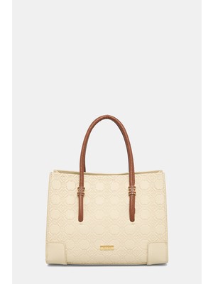 Vakko Ecru Monogram Leather Bag