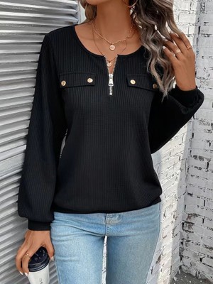 Lune Store Kadın Uzun Kollu Yakadan Fermuarlı Süs Cepli Detaylı Waffle Bluz