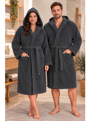 Antrasit Renkli Unisex Düz Desenli %100 Pamuklu Kapüşanlu Lüks Havlu Bornoz (L-Xl-2xl-3xl-4xl Beden)