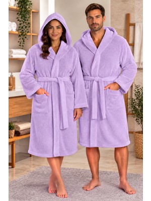 Lila Renkli Unisex Düz Desenli %100 Pamuklu Kapüşanlu Lüks Havlu Bornoz (L-Xl-2xl-3xl-4xl Beden)