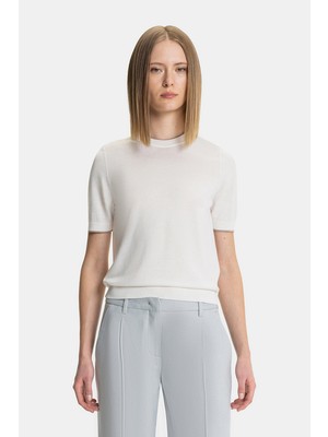 Vakko White Round Neck Knit Sweater