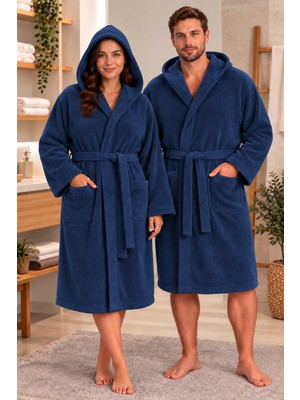 Lacivert Renkli Unisex Düz Desenli %100 Pamuklu Kapüşanlu Lüks Havlu Bornoz (L-Xl-2xl-3xl-4xl Beden)
