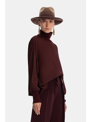 Vakko By Lorena Antonıazzı Burgundy Stand Collar Long Sleeve Blouse