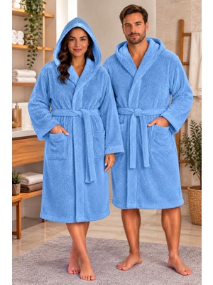 Mavi Renkli Unisex Düz Desenli %100 Pamuklu Kapüşanlu Lüks Havlu Bornoz (L-Xl-2xl-3xl-4xl Beden)