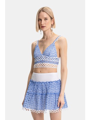 Vakko Blue Low-Cut Strappy Blouse