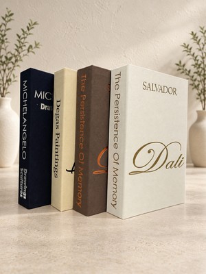 Lumeya Home 4'lü Kumaş Kaplı Dekoratif Kitap Kutu Seti – Degas, Michelangelo ve Salvador Dali Tasarımlı
