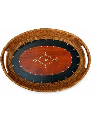 Ahşap Motifli Oval Rattan Servis ve Sunum Tepsisi 35X25 cm