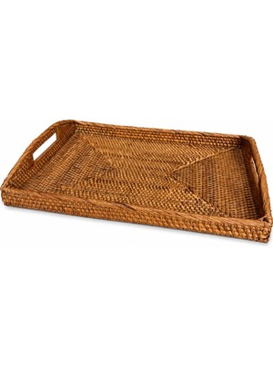 El Yapımı Doğal Rattan Kulplu Dikdörtgen Servis ve Sunum Tepsisi 40X30 cm